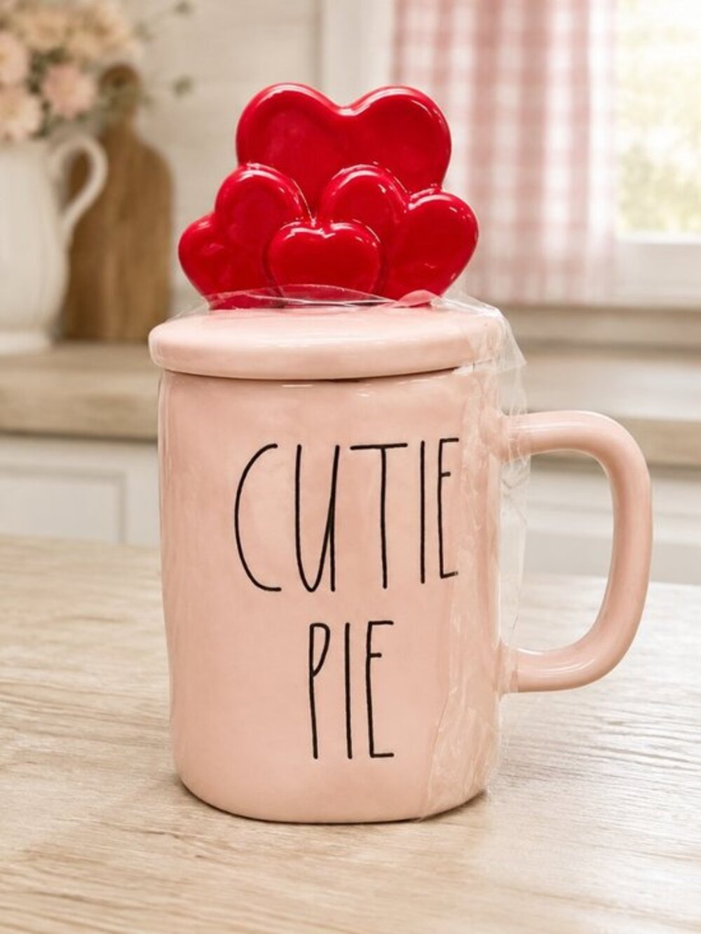 Rae Dunn Cutie Pie Pink Mug Red Paw Print Lid Valentine Decor NWT